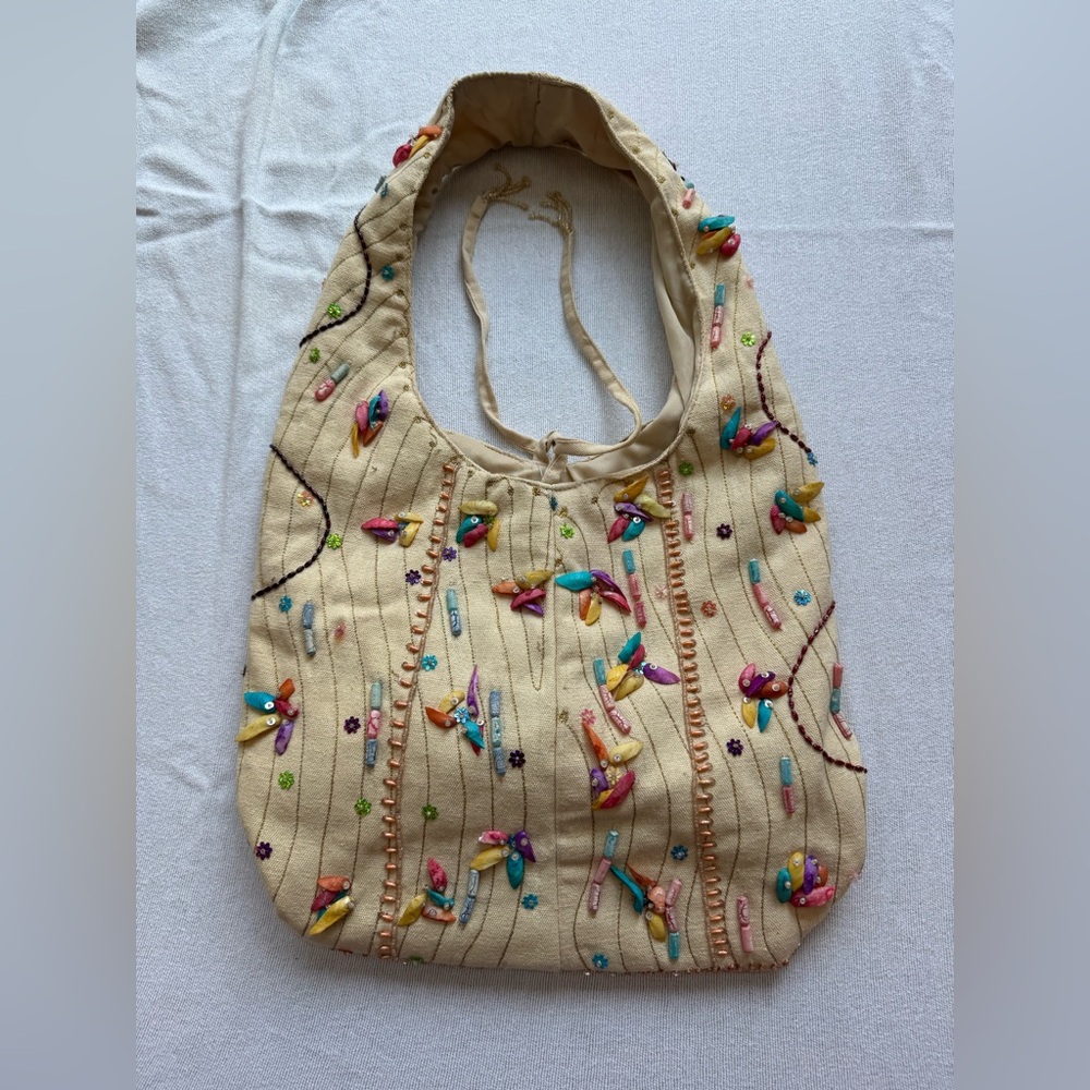 Hand-Embellished Cream Shoulder Bag with Multicolor Beads, Shells and Sequins
